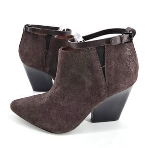 Rebecca Minkoff La Roux Brown Metallic Bootie Ankle Strap Wood Stacked Wedge 8.5